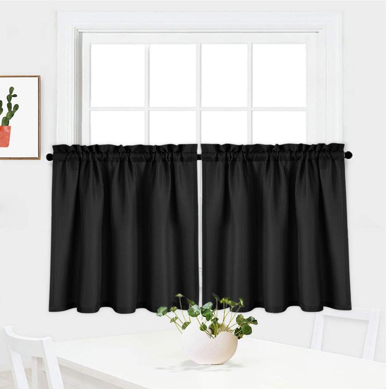 NANAN Waffle Woven Textured Short Curtains for Bathroom Waterproof Window Covering for Kitchen - 30" x 30", Black, Set of 2 - Image 2